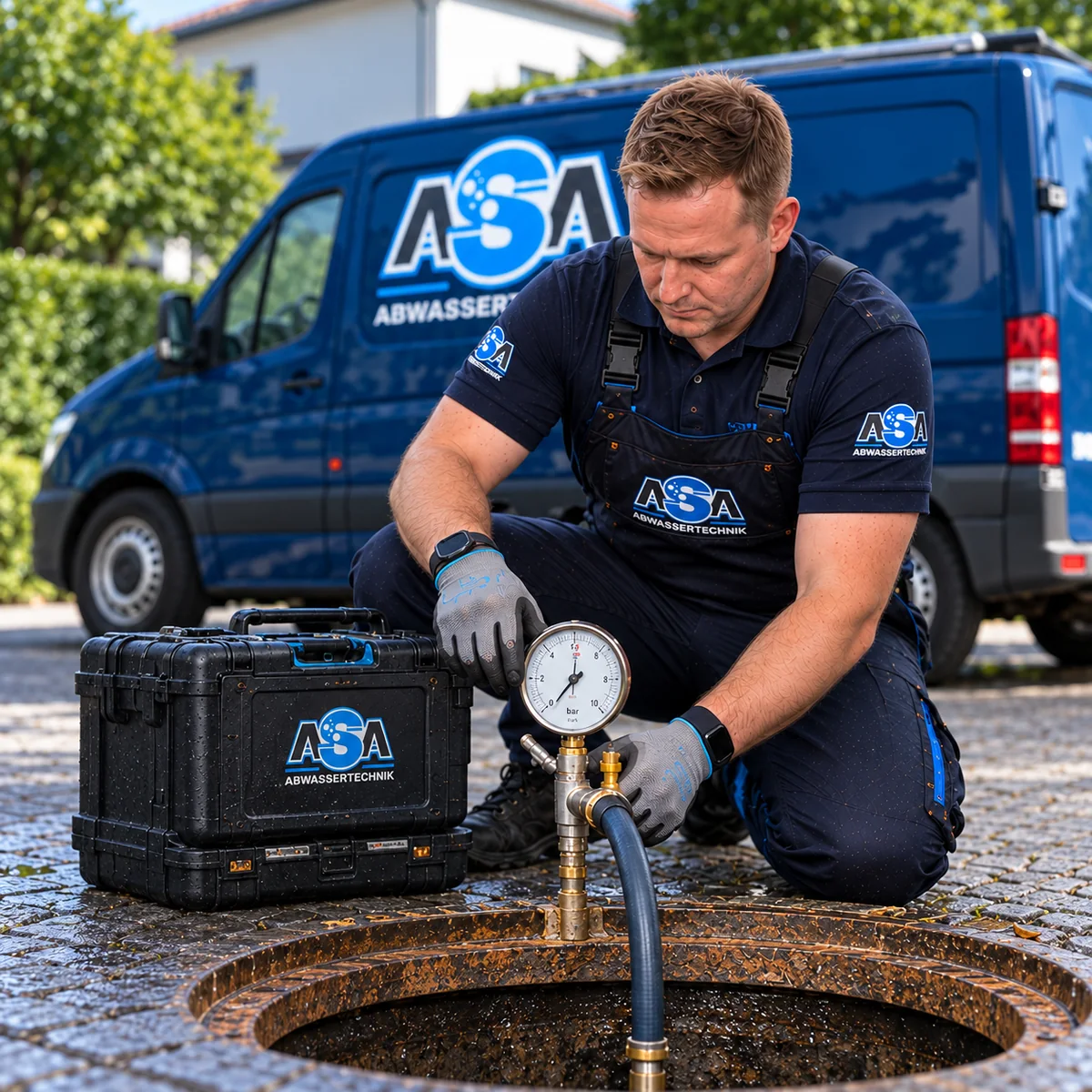ASA-Mitarbeiter bei Dichtheitsprüfung